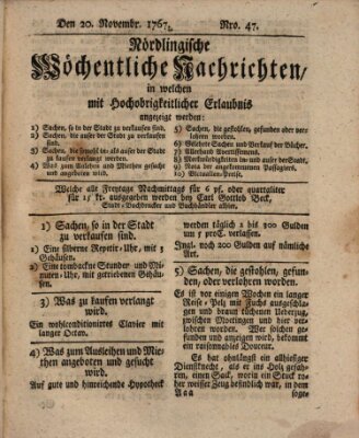 Nördlingische wöchentliche Nachrichten (Intelligenzblatt der Königlich Bayerischen Stadt Nördlingen) Freitag 20. November 1767