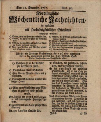 Nördlingische wöchentliche Nachrichten (Intelligenzblatt der Königlich Bayerischen Stadt Nördlingen) Freitag 11. Dezember 1767