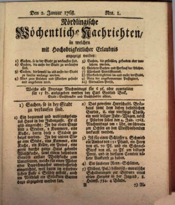 Nördlingische wöchentliche Nachrichten (Intelligenzblatt der Königlich Bayerischen Stadt Nördlingen) Samstag 2. Januar 1768