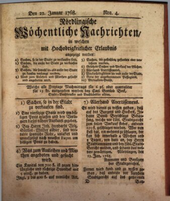 Nördlingische wöchentliche Nachrichten (Intelligenzblatt der Königlich Bayerischen Stadt Nördlingen) Freitag 22. Januar 1768