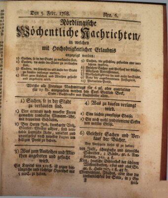 Nördlingische wöchentliche Nachrichten (Intelligenzblatt der Königlich Bayerischen Stadt Nördlingen) Freitag 5. Februar 1768