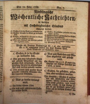 Nördlingische wöchentliche Nachrichten (Intelligenzblatt der Königlich Bayerischen Stadt Nördlingen) Freitag 12. Februar 1768