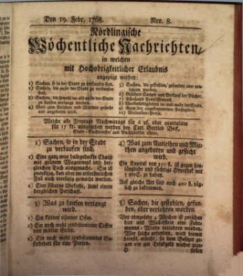 Nördlingische wöchentliche Nachrichten (Intelligenzblatt der Königlich Bayerischen Stadt Nördlingen) Freitag 19. Februar 1768