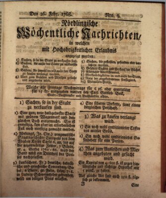 Nördlingische wöchentliche Nachrichten (Intelligenzblatt der Königlich Bayerischen Stadt Nördlingen) Freitag 26. Februar 1768