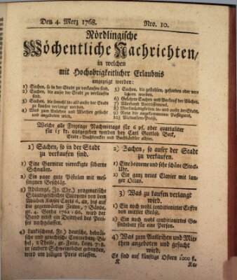 Nördlingische wöchentliche Nachrichten (Intelligenzblatt der Königlich Bayerischen Stadt Nördlingen) Freitag 4. März 1768