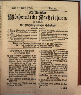 Nördlingische wöchentliche Nachrichten (Intelligenzblatt der Königlich Bayerischen Stadt Nördlingen) Freitag 11. März 1768