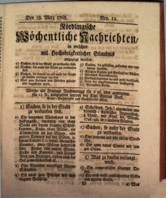 Nördlingische wöchentliche Nachrichten (Intelligenzblatt der Königlich Bayerischen Stadt Nördlingen) Freitag 18. März 1768