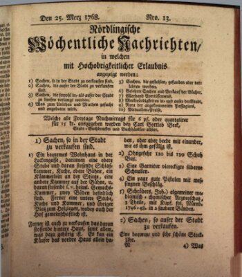 Nördlingische wöchentliche Nachrichten (Intelligenzblatt der Königlich Bayerischen Stadt Nördlingen) Freitag 25. März 1768