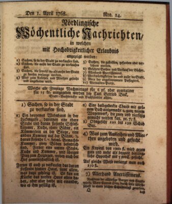 Nördlingische wöchentliche Nachrichten (Intelligenzblatt der Königlich Bayerischen Stadt Nördlingen) Freitag 1. April 1768