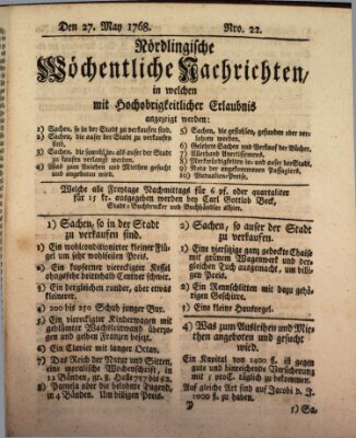 Nördlingische wöchentliche Nachrichten (Intelligenzblatt der Königlich Bayerischen Stadt Nördlingen) Freitag 27. Mai 1768