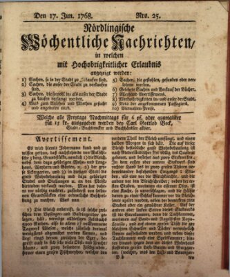 Nördlingische wöchentliche Nachrichten (Intelligenzblatt der Königlich Bayerischen Stadt Nördlingen) Freitag 17. Juni 1768