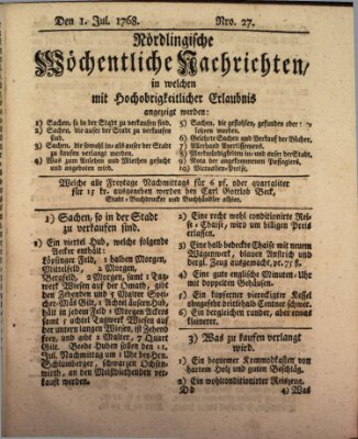 Nördlingische wöchentliche Nachrichten (Intelligenzblatt der Königlich Bayerischen Stadt Nördlingen) Freitag 1. Juli 1768