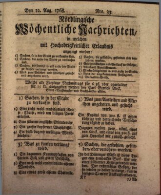 Nördlingische wöchentliche Nachrichten (Intelligenzblatt der Königlich Bayerischen Stadt Nördlingen) Freitag 12. August 1768