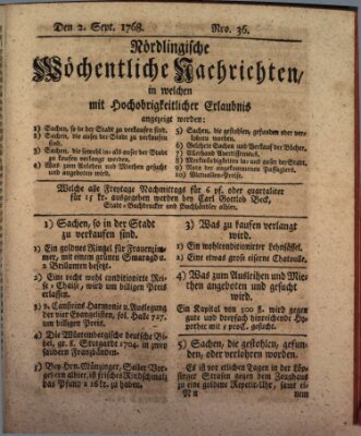 Nördlingische wöchentliche Nachrichten (Intelligenzblatt der Königlich Bayerischen Stadt Nördlingen) Freitag 2. September 1768