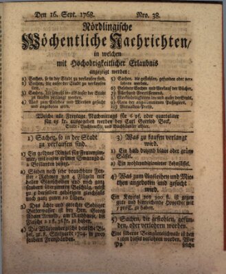 Nördlingische wöchentliche Nachrichten (Intelligenzblatt der Königlich Bayerischen Stadt Nördlingen) Freitag 16. September 1768