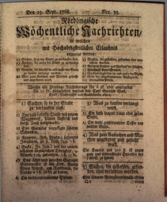 Nördlingische wöchentliche Nachrichten (Intelligenzblatt der Königlich Bayerischen Stadt Nördlingen) Freitag 23. September 1768