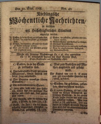 Nördlingische wöchentliche Nachrichten (Intelligenzblatt der Königlich Bayerischen Stadt Nördlingen) Freitag 30. September 1768