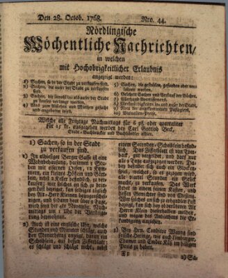 Nördlingische wöchentliche Nachrichten (Intelligenzblatt der Königlich Bayerischen Stadt Nördlingen) Freitag 28. Oktober 1768