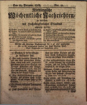 Nördlingische wöchentliche Nachrichten (Intelligenzblatt der Königlich Bayerischen Stadt Nördlingen) Freitag 23. Dezember 1768