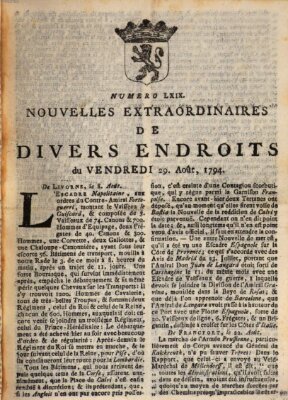 Nouvelles extraordinaires de divers endroits Freitag 29. August 1794