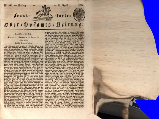 Frankfurter Ober-Post-Amts-Zeitung Freitag 19. April 1839