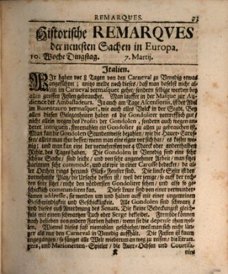 Historische Remarques über neuesten Sachen in Europa des ... Jahres Samstag 7. März 1699