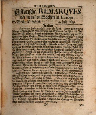 Historische Remarques über neuesten Sachen in Europa des ... Jahres Samstag 4. Juli 1699