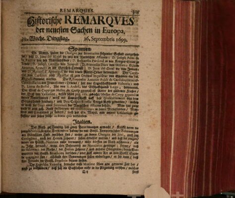 Historische Remarques über neuesten Sachen in Europa des ... Jahres Samstag 26. September 1699