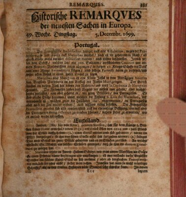 Historische Remarques über neuesten Sachen in Europa des ... Jahres Samstag 5. Dezember 1699