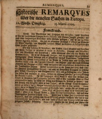 Historische Remarques über neuesten Sachen in Europa des ... Jahres Dienstag 23. März 1700