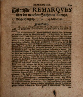 Historische Remarques über neuesten Sachen in Europa des ... Jahres Dienstag 4. Mai 1700