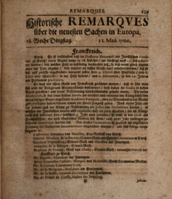 Historische Remarques über neuesten Sachen in Europa des ... Jahres Dienstag 11. Mai 1700