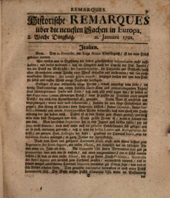 Historische Remarques über neuesten Sachen in Europa des ... Jahres Dienstag 11. Januar 1701