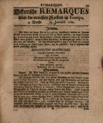 Historische Remarques über neuesten Sachen in Europa des ... Jahres Dienstag 25. Januar 1701