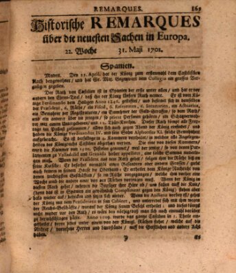 Historische Remarques über neuesten Sachen in Europa des ... Jahres Tuesday 31. May 1701