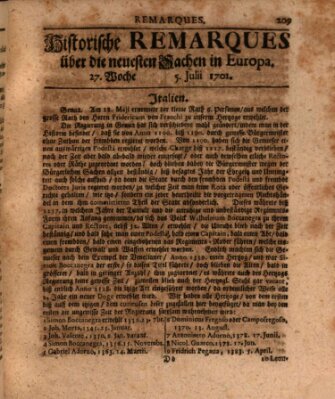 Historische Remarques über neuesten Sachen in Europa des ... Jahres Dienstag 5. Juli 1701