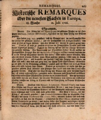 Historische Remarques über neuesten Sachen in Europa des ... Jahres Dienstag 12. Juli 1701