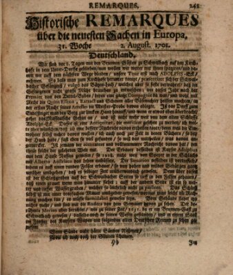 Historische Remarques über neuesten Sachen in Europa des ... Jahres Dienstag 2. August 1701