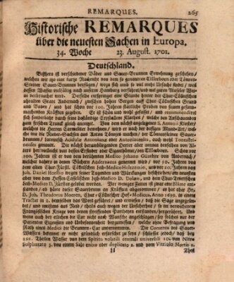 Historische Remarques über neuesten Sachen in Europa des ... Jahres Dienstag 23. August 1701