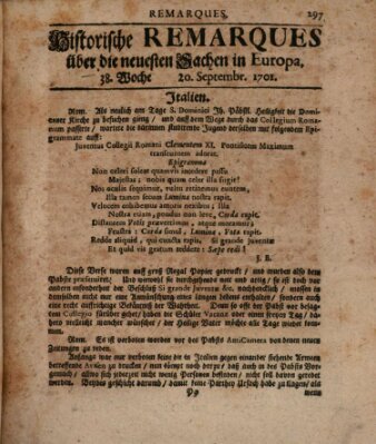 Historische Remarques über neuesten Sachen in Europa des ... Jahres Dienstag 20. September 1701