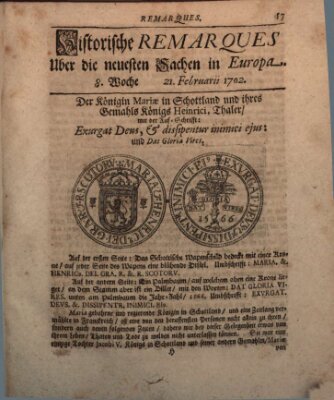 Historische Remarques über neuesten Sachen in Europa des ... Jahres Dienstag 21. Februar 1702