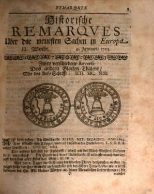 Historische Remarques über neuesten Sachen in Europa des ... Jahres Dienstag 9. Januar 1703