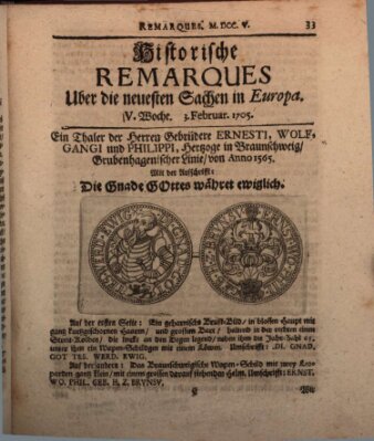 Historische Remarques über neuesten Sachen in Europa des ... Jahres Dienstag 3. Februar 1705