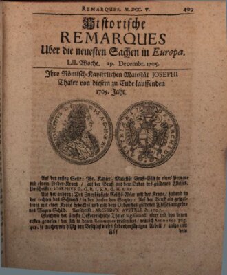 Historische Remarques über neuesten Sachen in Europa des ... Jahres Dienstag 29. Dezember 1705