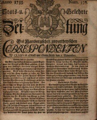 Staats- und gelehrte Zeitung des Hamburgischen unpartheyischen Correspondenten Samstag 7. November 1733