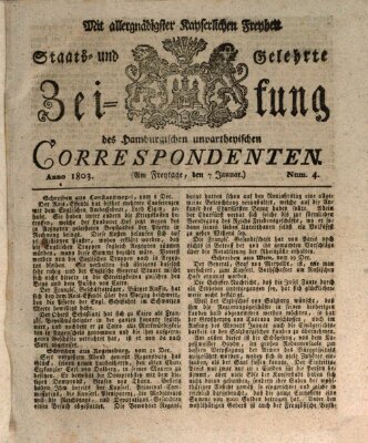 Staats- und gelehrte Zeitung des Hamburgischen unpartheyischen Correspondenten Freitag 7. Januar 1803