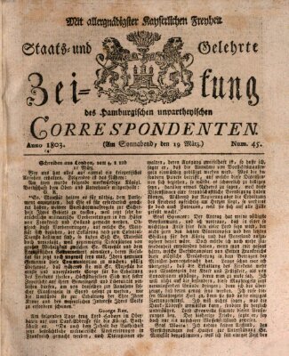 Staats- und gelehrte Zeitung des Hamburgischen unpartheyischen Correspondenten Samstag 19. März 1803