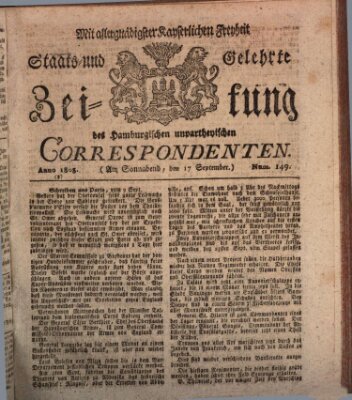 Staats- und gelehrte Zeitung des Hamburgischen unpartheyischen Correspondenten Samstag 17. September 1803