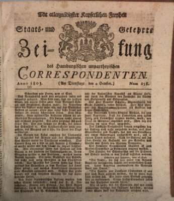 Staats- und gelehrte Zeitung des Hamburgischen unpartheyischen Correspondenten Dienstag 4. Oktober 1803