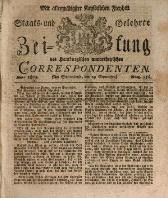 Staats- und gelehrte Zeitung des Hamburgischen unpartheyischen Correspondenten Samstag 29. September 1804